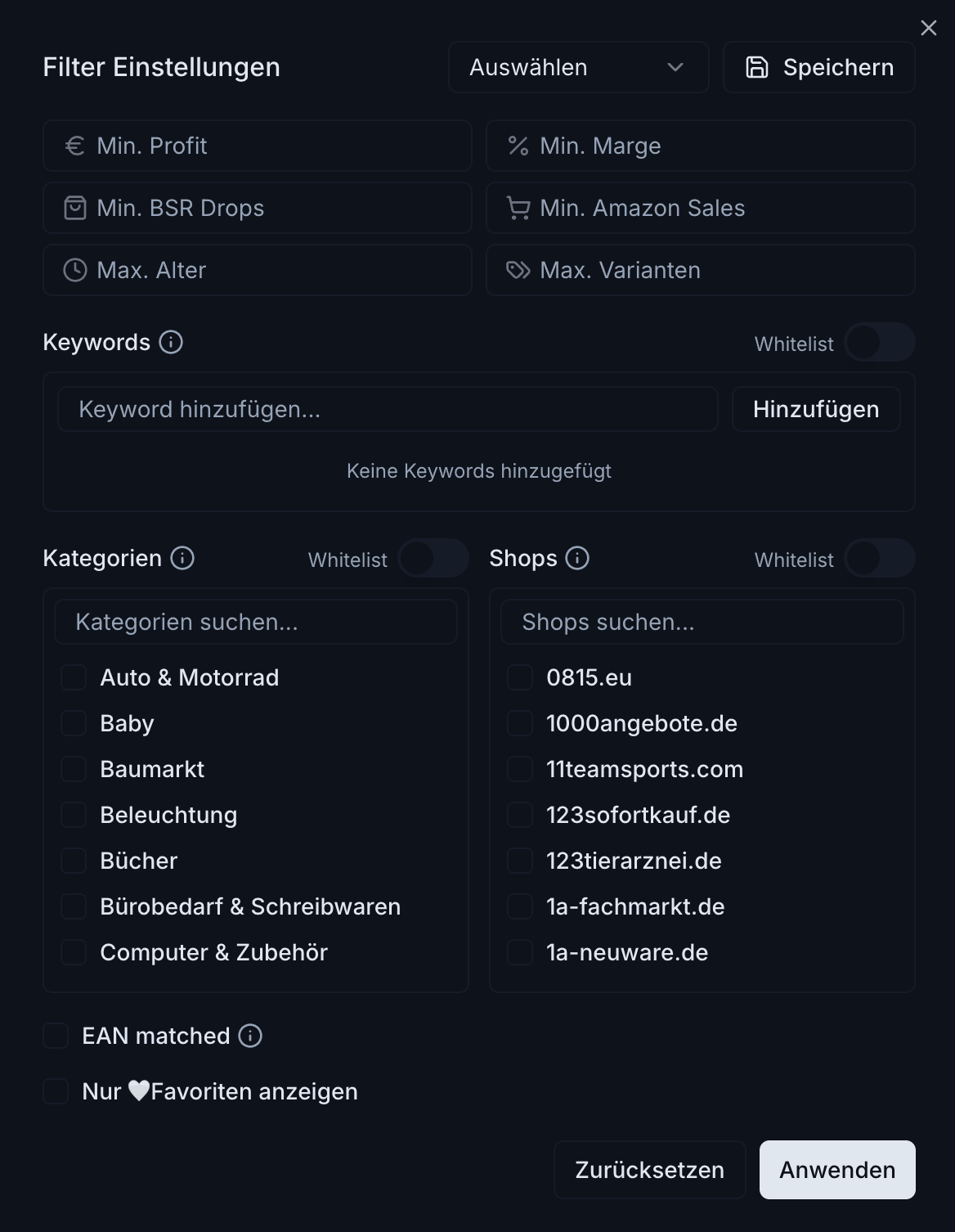Filter Einstellungen