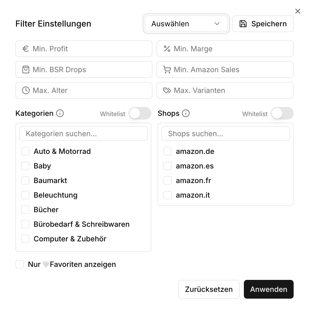 Filter Einstellungen